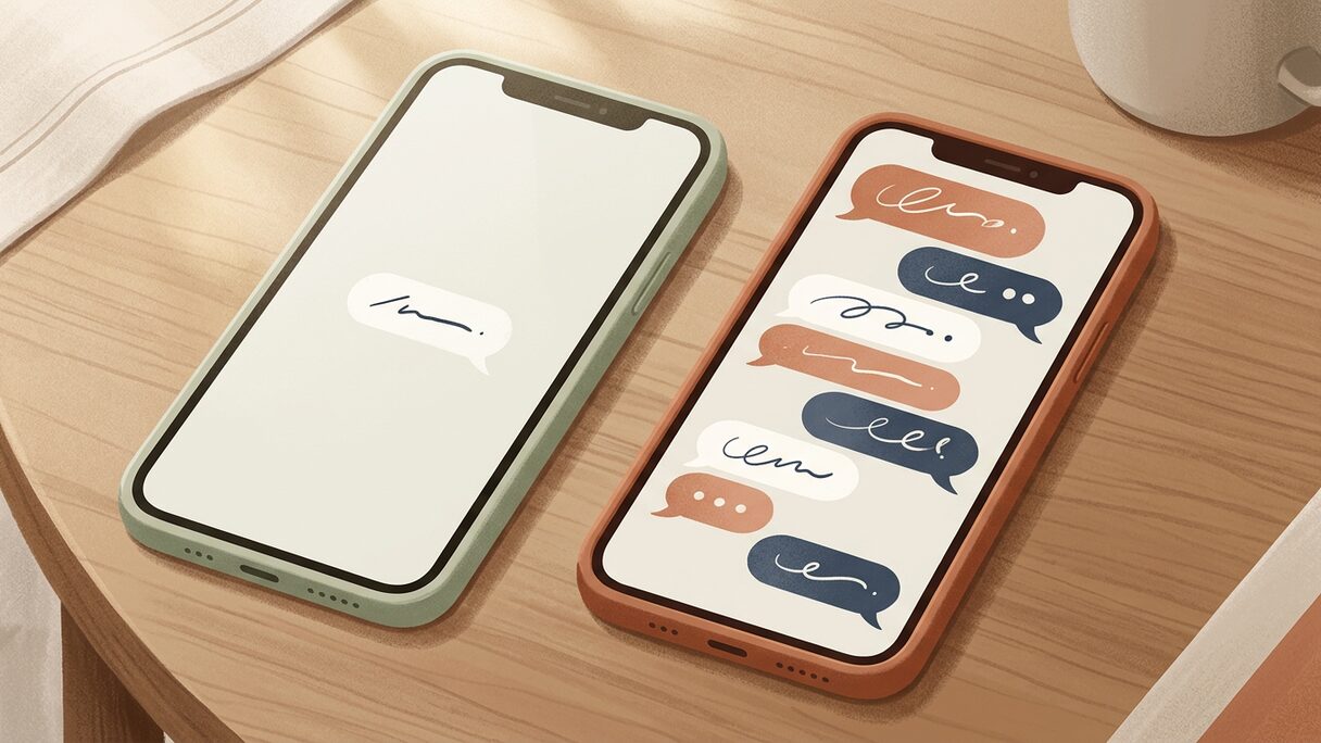 Two phones side by side, one showing a single translated phrase and one showing a flowing two-way conversation.
