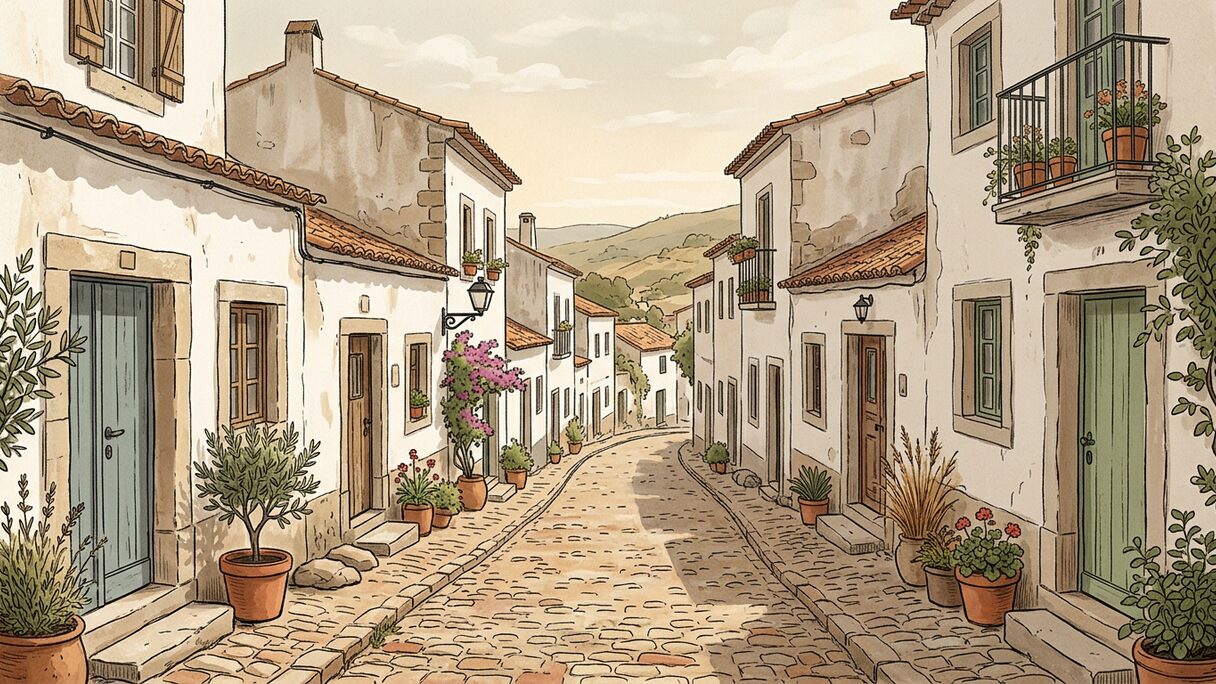A quiet Portuguese village street with a stone house and a road sign.