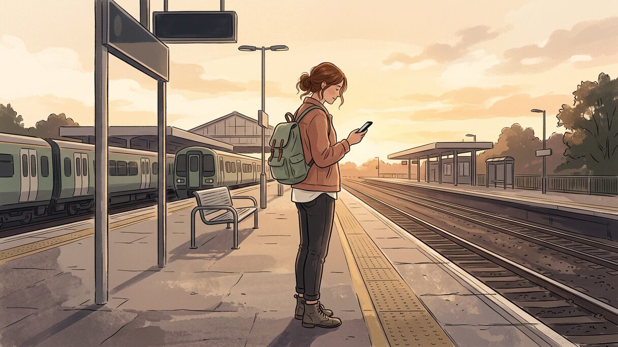 A traveller with a small backpack using a phone to translate at a train platform.